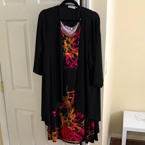 Black/pink/orange shift dress with cardigan.